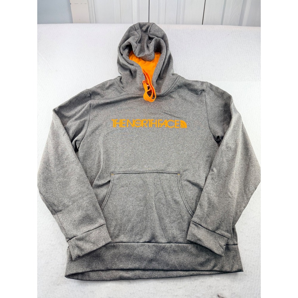 The North Face Mens Gray Orange Logo Pullover Hoodie Size M Heathered Sweatshirt